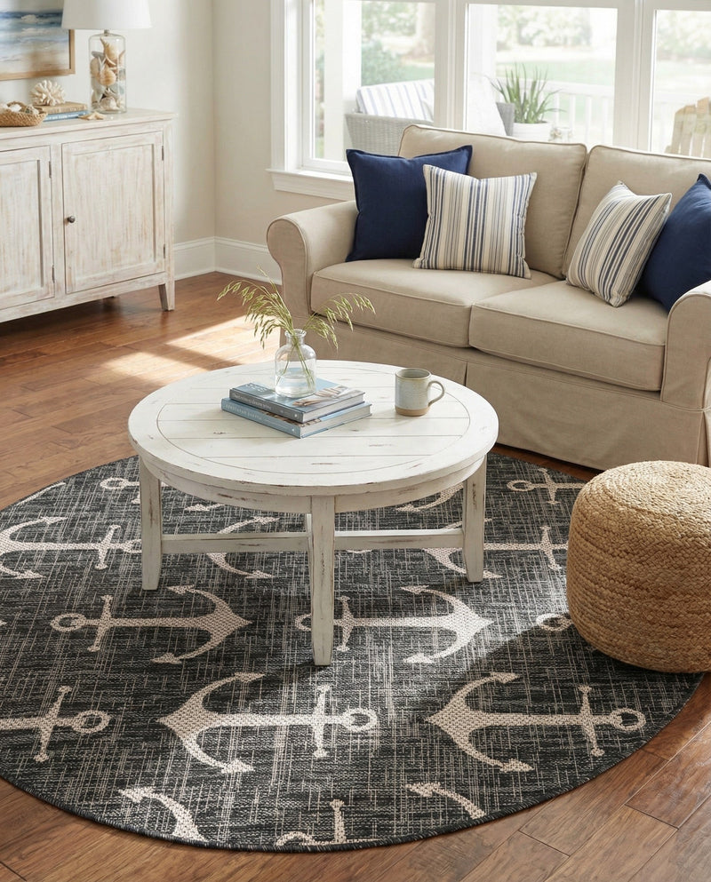 Seaside Haven Rugs Collection Area Rug - Sapphire (Charcoal) Round Charcoal  lifestyle 36