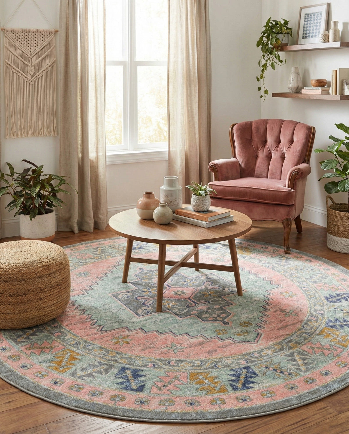 Savannah Series Collection Area Rug -  Augusta (Pink) Round Pink  lifestyle 115
