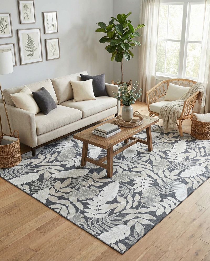 Seaside Blooms Collection Area Rug -  Serene Rectangle Black  lifestyle 55
