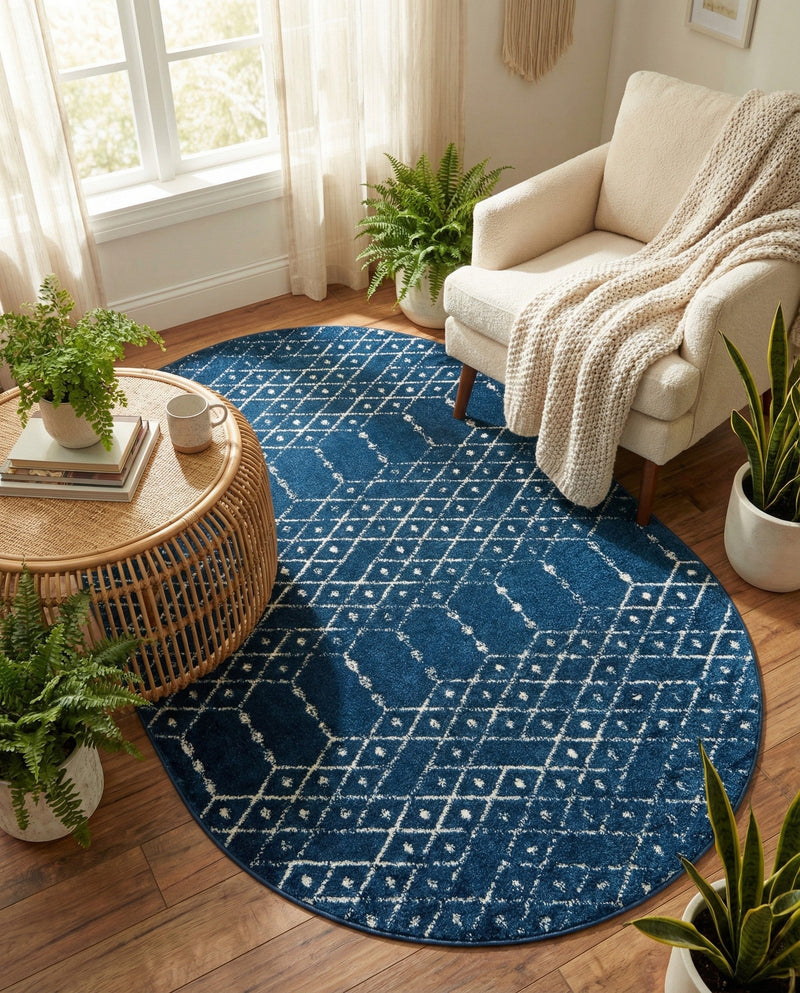 Marrakesh Lattice Collection Area Rug - Casablanca (Navy Blue) Oval Navy Blue  lifestyle 70