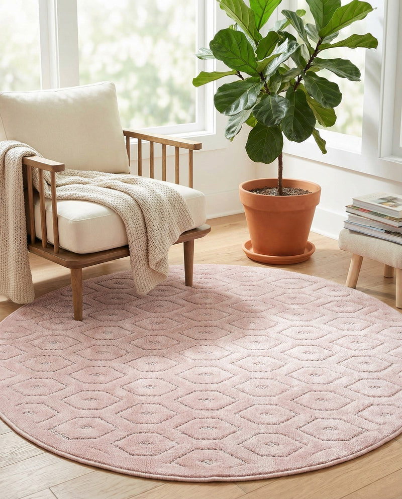 Garden Lattice Charm Collection Area Rug - Arbor (Pink) Round Pink  lifestyle 56