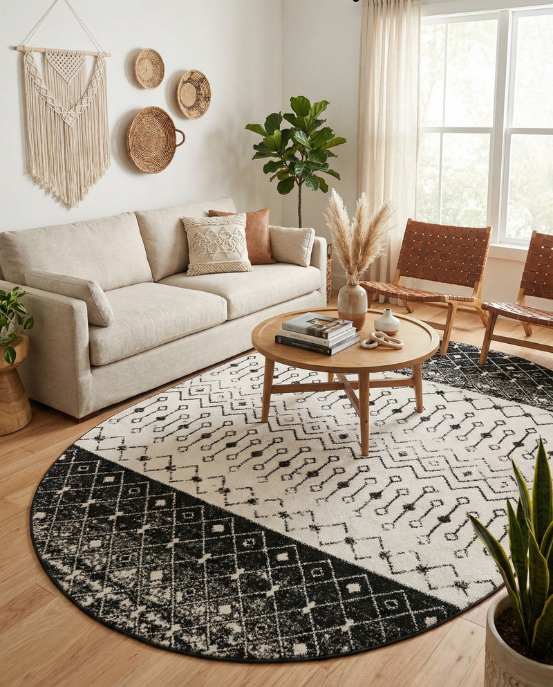 Mediterranean Lattice Collection Area Rug -  Casablanca (Black and White) Oval Black and White  lifestyle 60