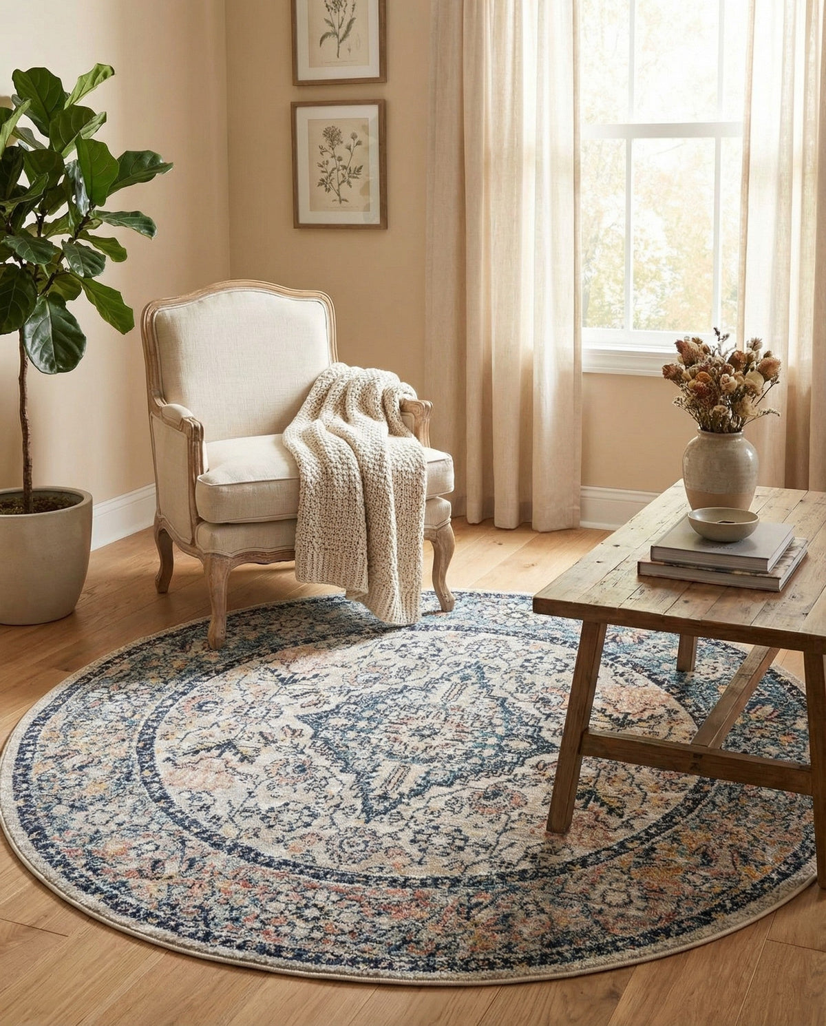 Seville Stripes Collection Area Rug - Cadiz (Blue) Round Blue  lifestyle 89