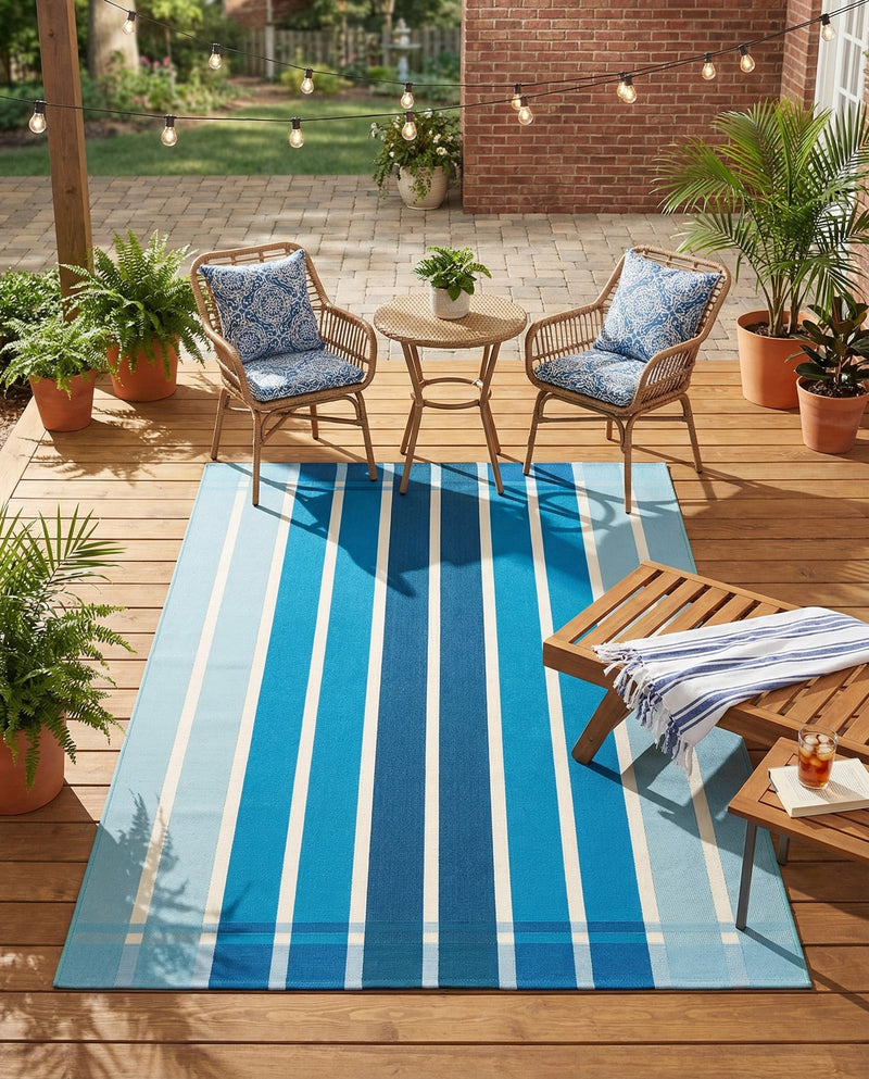 Seaside Stripes Collection Area Rug -  Coral Rectangle Blue  lifestyle 16