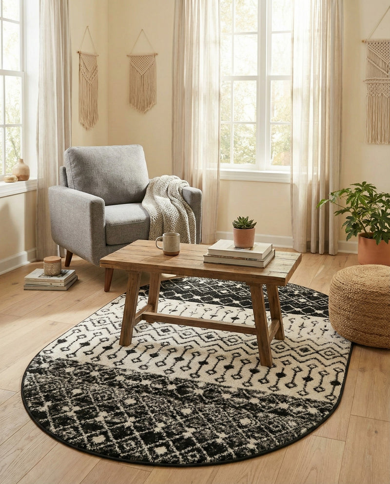 Mediterranean Lattice Collection Area Rug -  Casablanca (Black and White) Oval Black and White  lifestyle 67