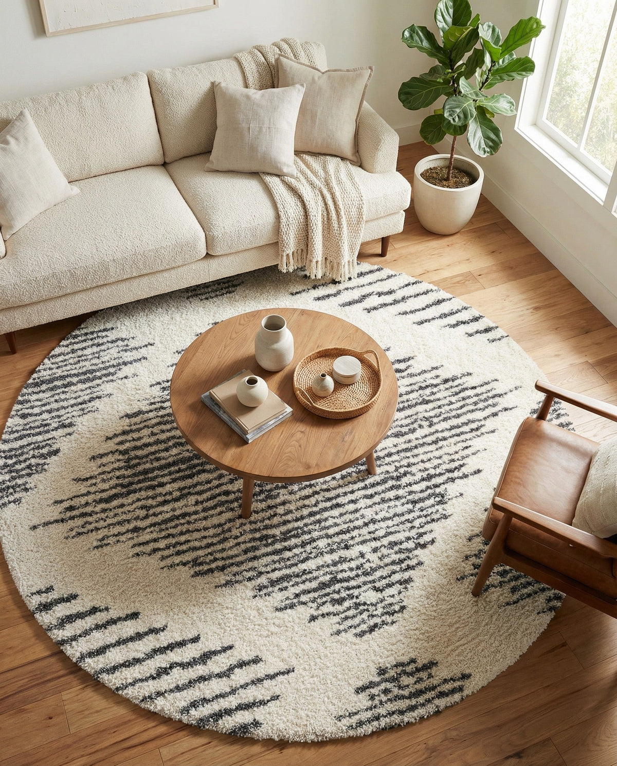 Tranquil Tides Shag Collection Area Rug -  Azure Round White  lifestyle 120