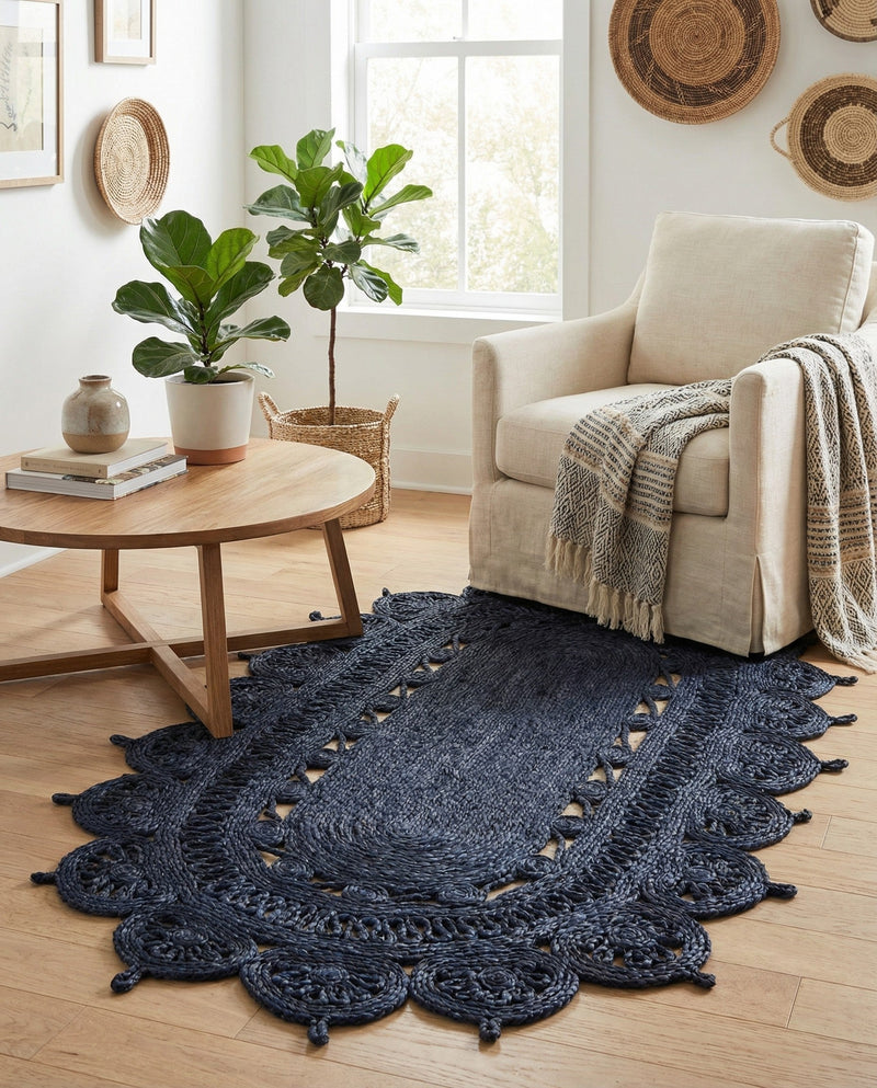 Woven Seaside Jute Collection Area Rug - Coastalhaven (Navy Blue) Oval Navy Blue  lifestyle 15