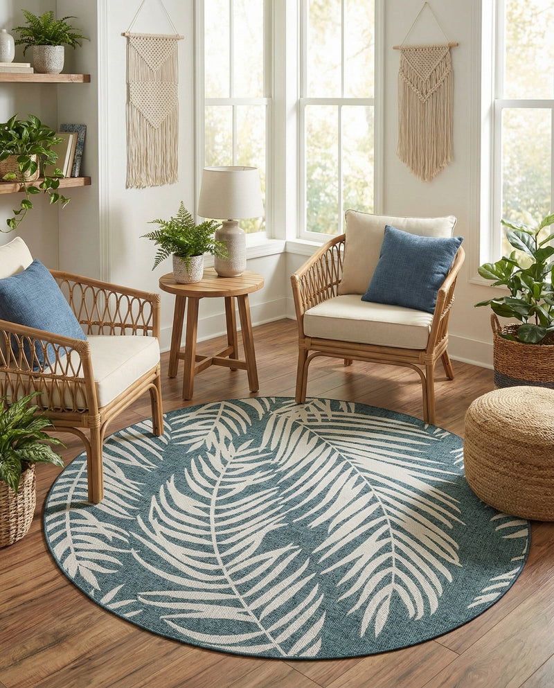 Seaside Blooms Collection Area Rug - Verdure (Teal) Round Teal  lifestyle 53