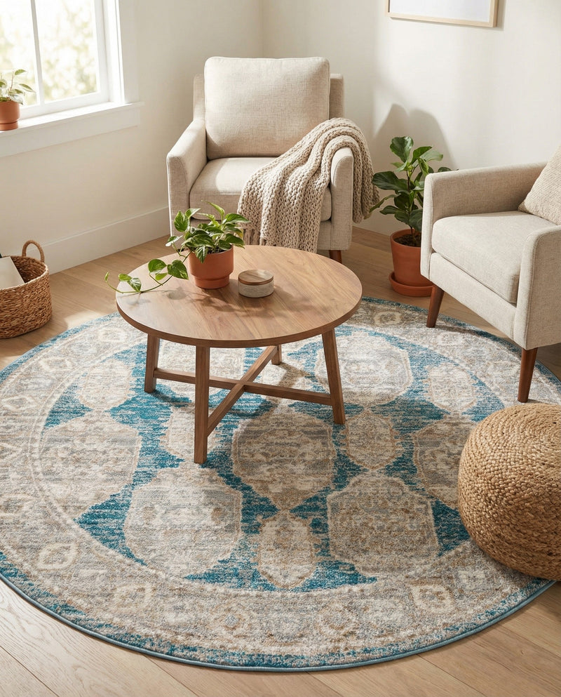 Seville Stripes Collection Area Rug -  Granada (Blue) Round Blue  lifestyle 73