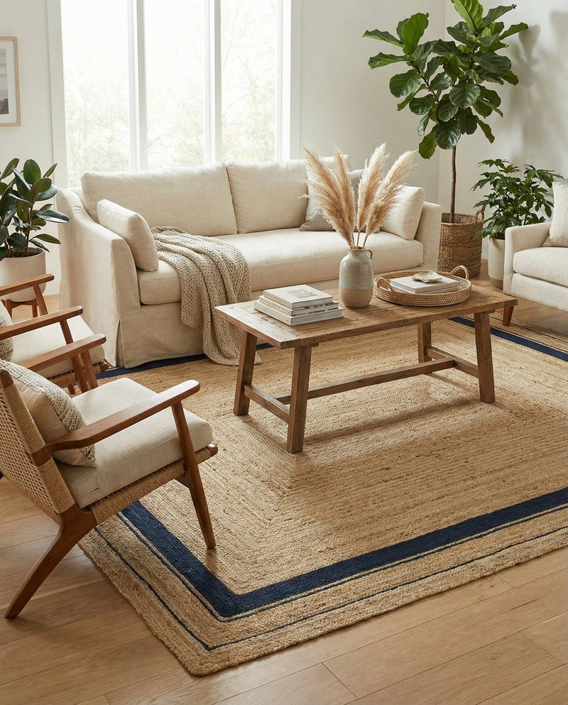 Woven Seaside Jute Collection Area Rug - Nantucket Rectangle Natural and Navy Blue  lifestyle 7