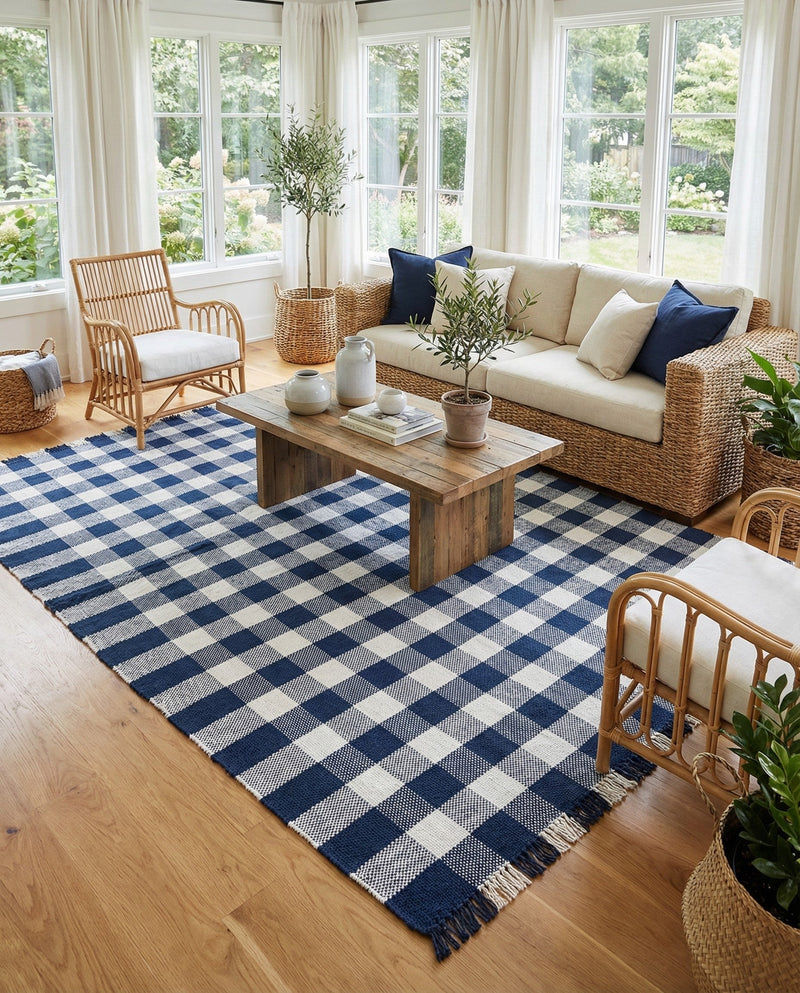 Sustainable Grid Indoor-Outdoor Oasis Collection Area Rug - Savannah Rectangle Navy Blue  lifestyle 48