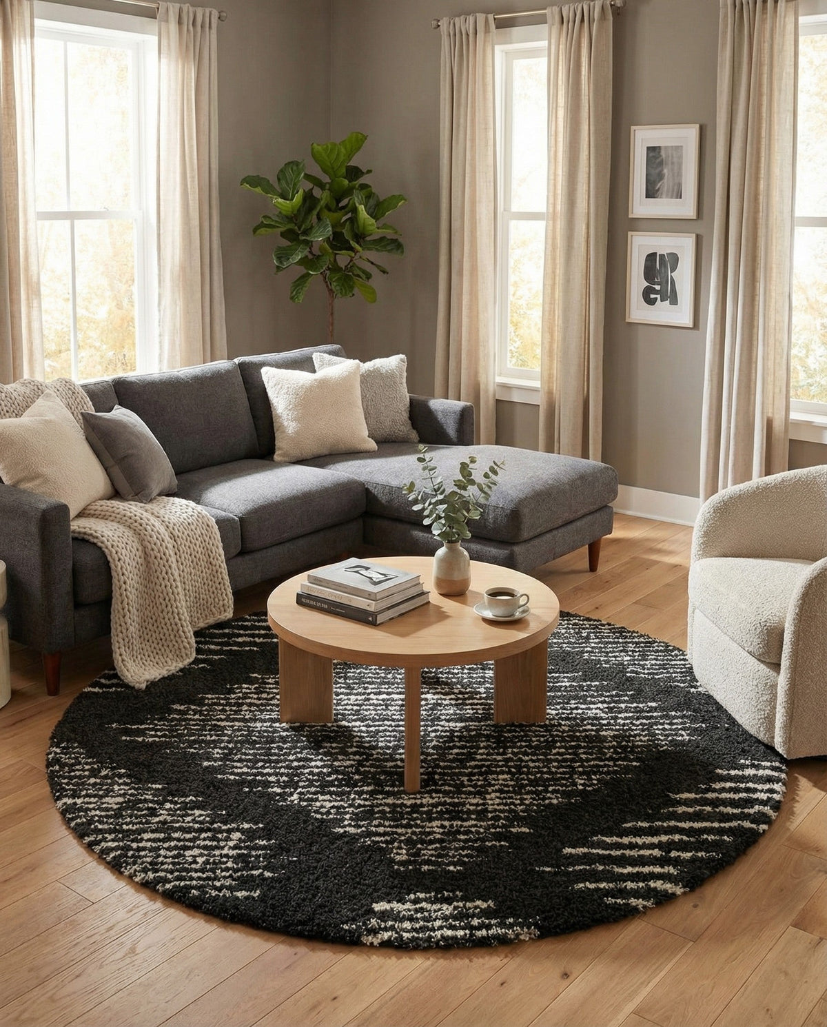 Tranquil Tides Shag Collection Area Rug -  Azure Round Black and White  lifestyle 121