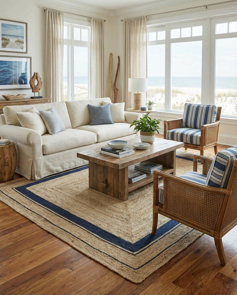 Woven Seaside Jute Collection Area Rug - Nantucket Rectangle Natural and Navy Blue  lifestyle 8