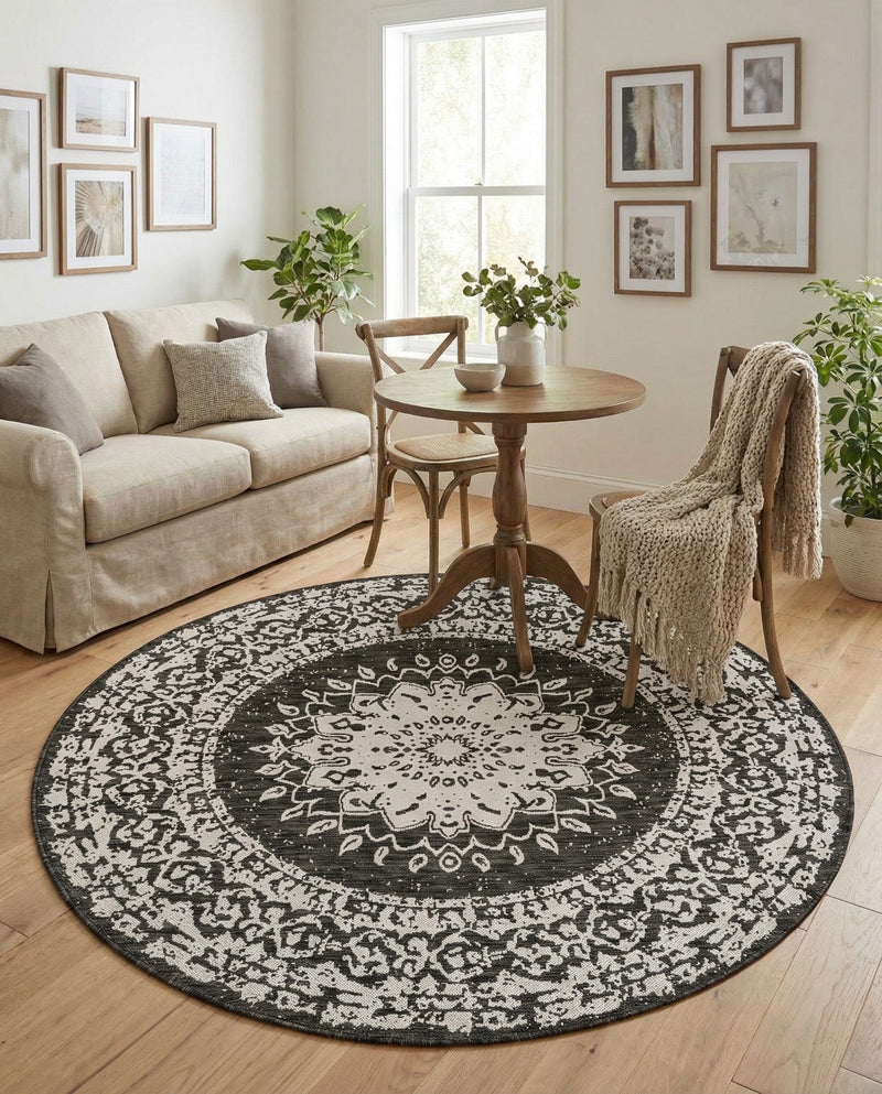 Patio Heritage Collection Area Rug -  Lafayette (Black and White) Round Black and White  lifestyle 25