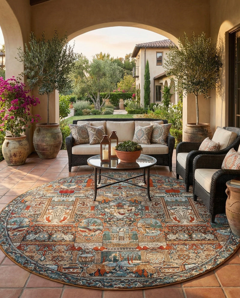 Patio Heritage Collection Area Rug -  Oasis Round Multi  lifestyle 60