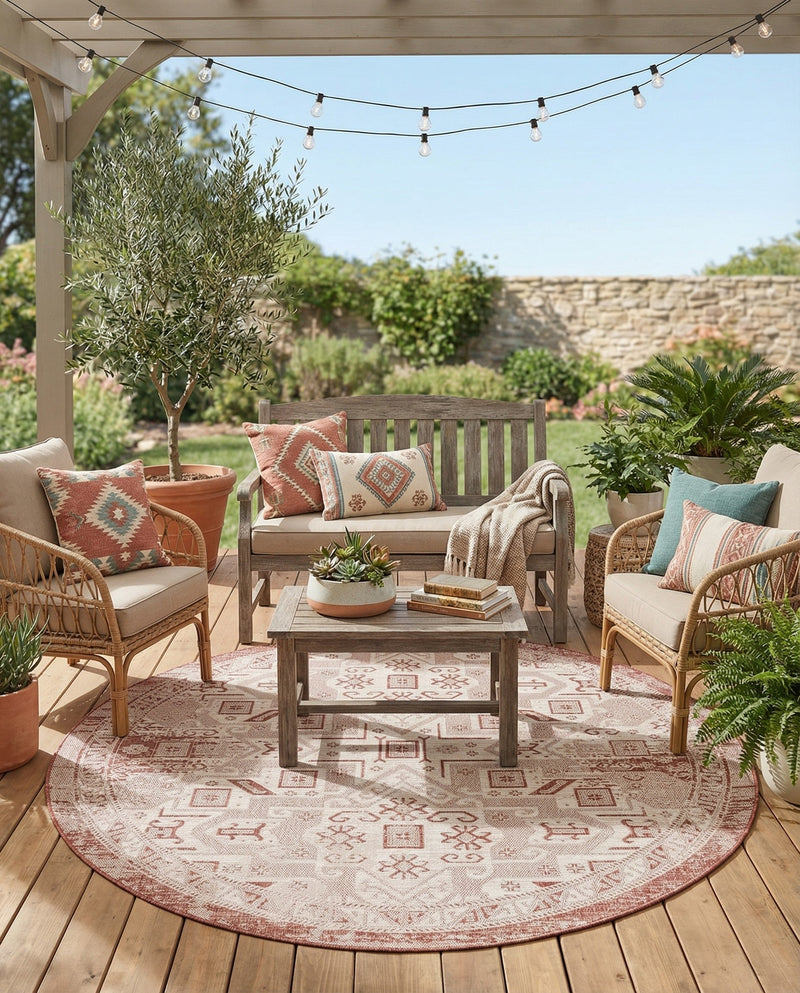 Tribal Terrace Treasures Collection Area Rug - Mayan Marina (Rust Red) Round Rust Red  lifestyle 78