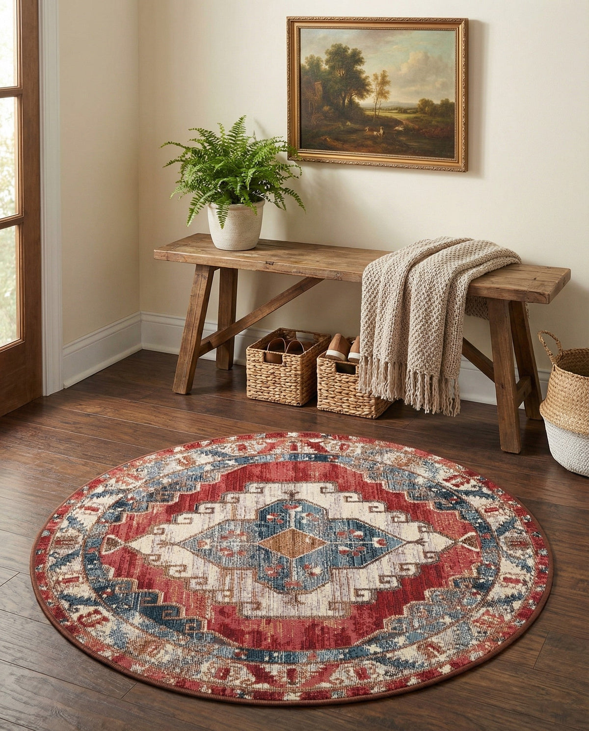 Patio Heritage Collection Area Rug -  Alcove Round Red and Navy Blue  lifestyle 90