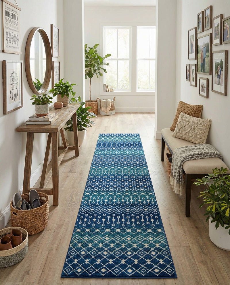 Mediterranean Lattice Collection Area Rug - Santorini (Navy and Teal) Runner Navy and Teal  lifestyle 44