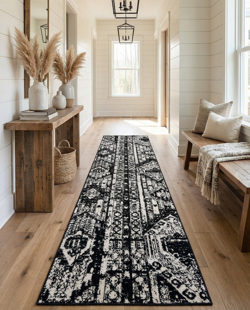 Cascade Range Collection Area Rug - Hood (Black and White) Runner Black and White  lifestyle 71