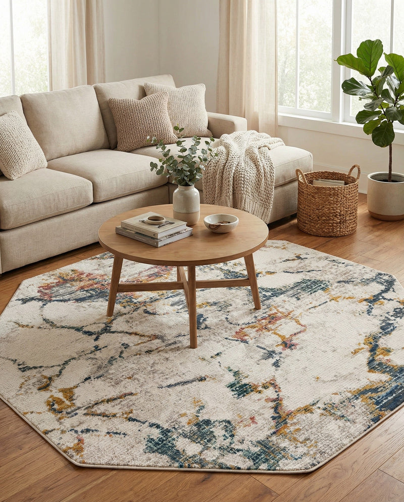 Jewel Oasis Collection Area Rug -  Opaline Octagon White Navy  lifestyle 73