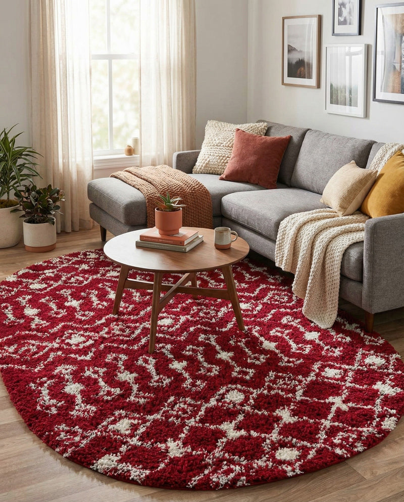 Berber Lattice Shag Collection Area Rug - Atlas (Burgundy Red) Oval Burgundy Red  lifestyle 30