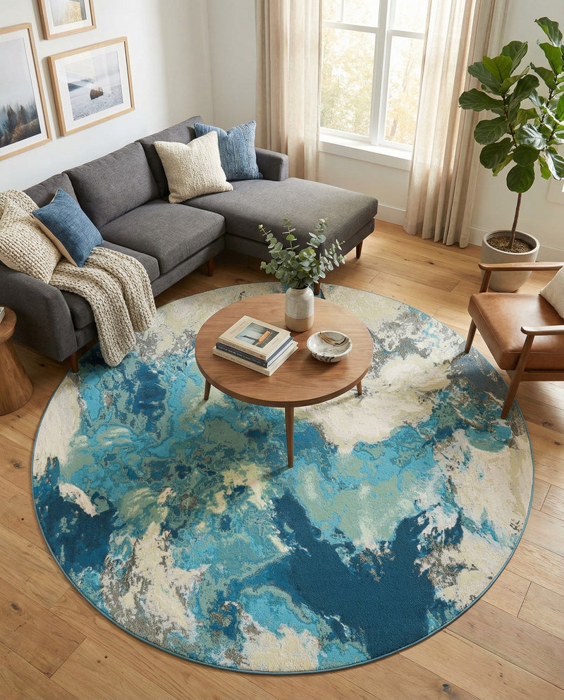 Urban Terrace Collection Area Rug -  Gazebo Round Blue and Ivory  lifestyle 73