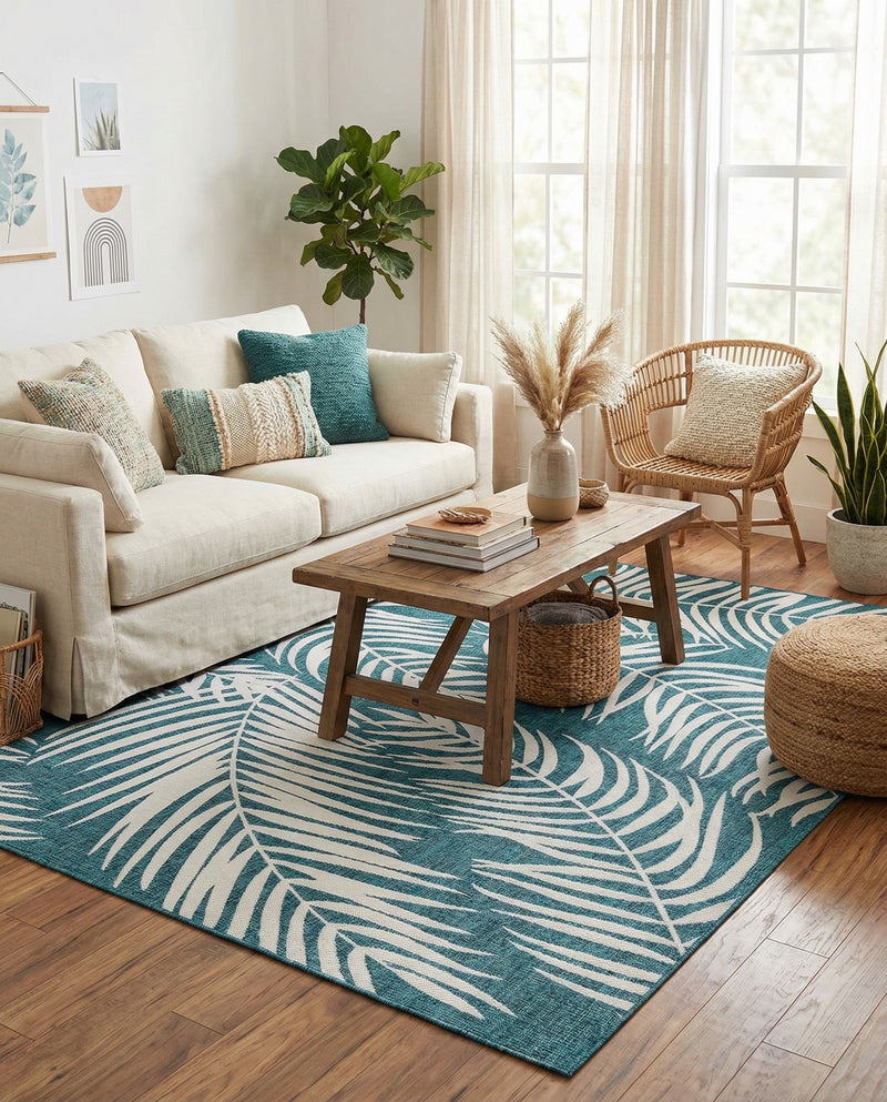 Seaside Blooms Collection Area Rug - Verdure (Teal) Rectangle Teal  lifestyle 25