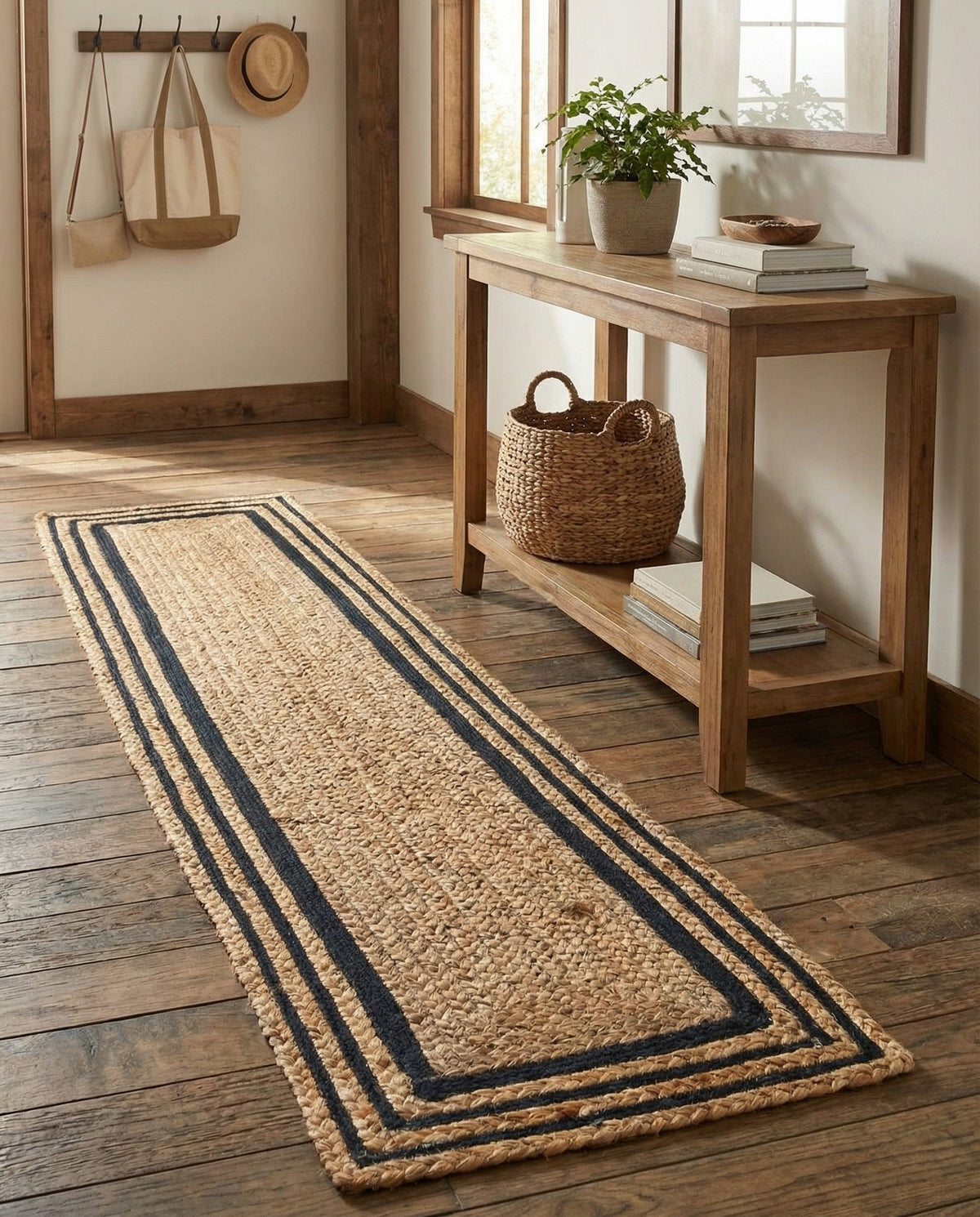 Woven Seaside Jute Collection Area Rug - Nantucket Table Runner Natural and Navy Blue  lifestyle 63