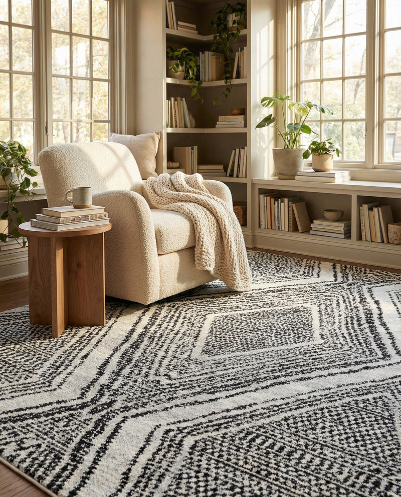 Marrakech Mosaic Collection Area Rug -  Medina Rectangle Black and White  lifestyle 12