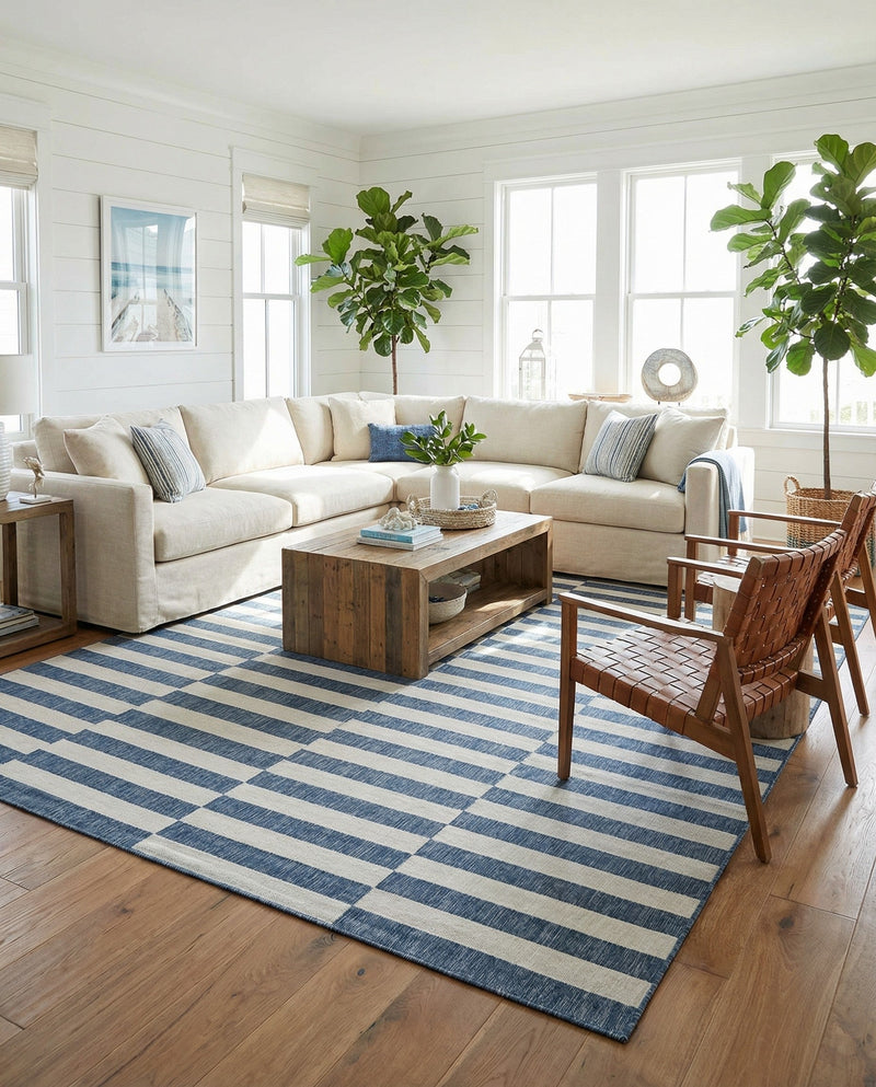 Seaside Stripes Collection Area Rug - Cabana (Blue) Rectangle Blue  lifestyle 7