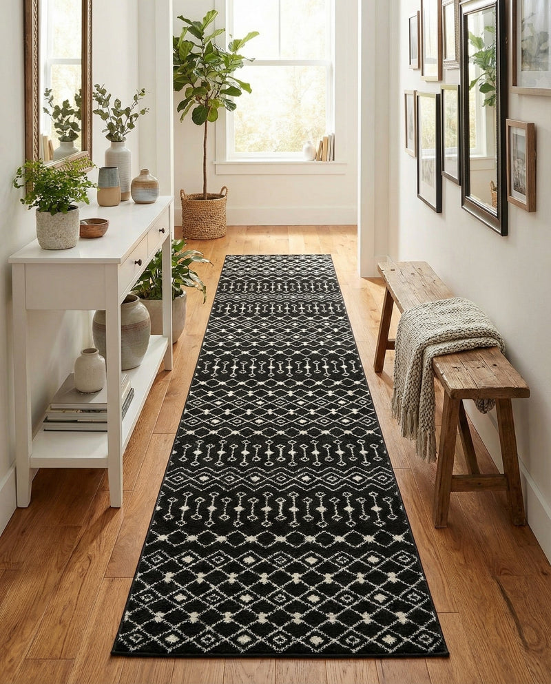Mediterranean Lattice Collection Area Rug - Santorini (Black and White) Runner Black and White  lifestyle 39