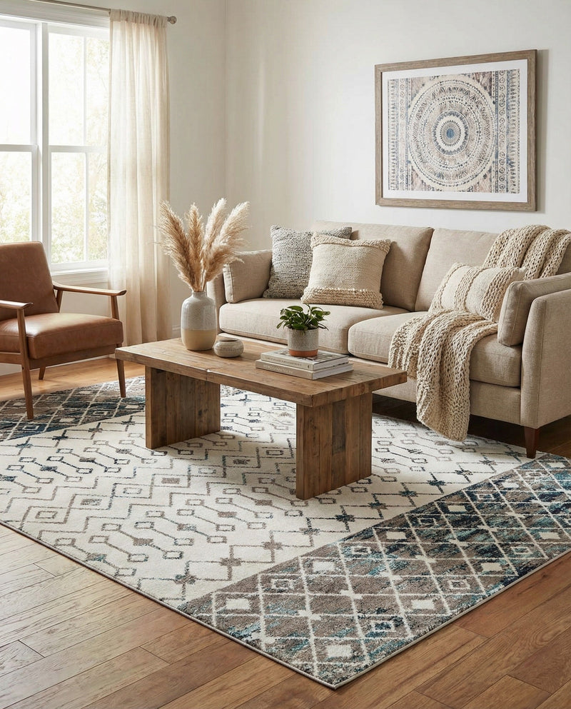 Mediterranean Lattice Collection Area Rug -  Casablanca (Ivory Gray Blue) Rectangle Ivory Gray Blue  lifestyle 15