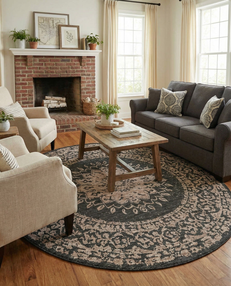 Patio Heritage Collection Area Rug -  Lafayette (Black) Round Black  lifestyle 69