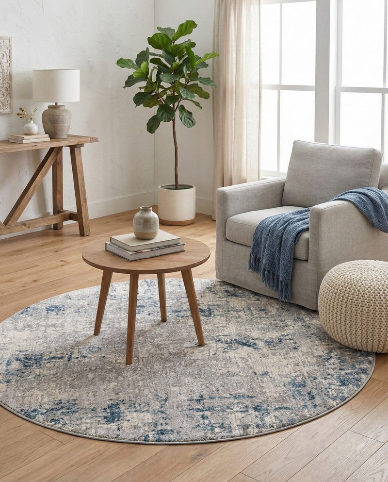Aegean Elegance Collection Area Rug -  Milos Round Gray Blue  lifestyle 54