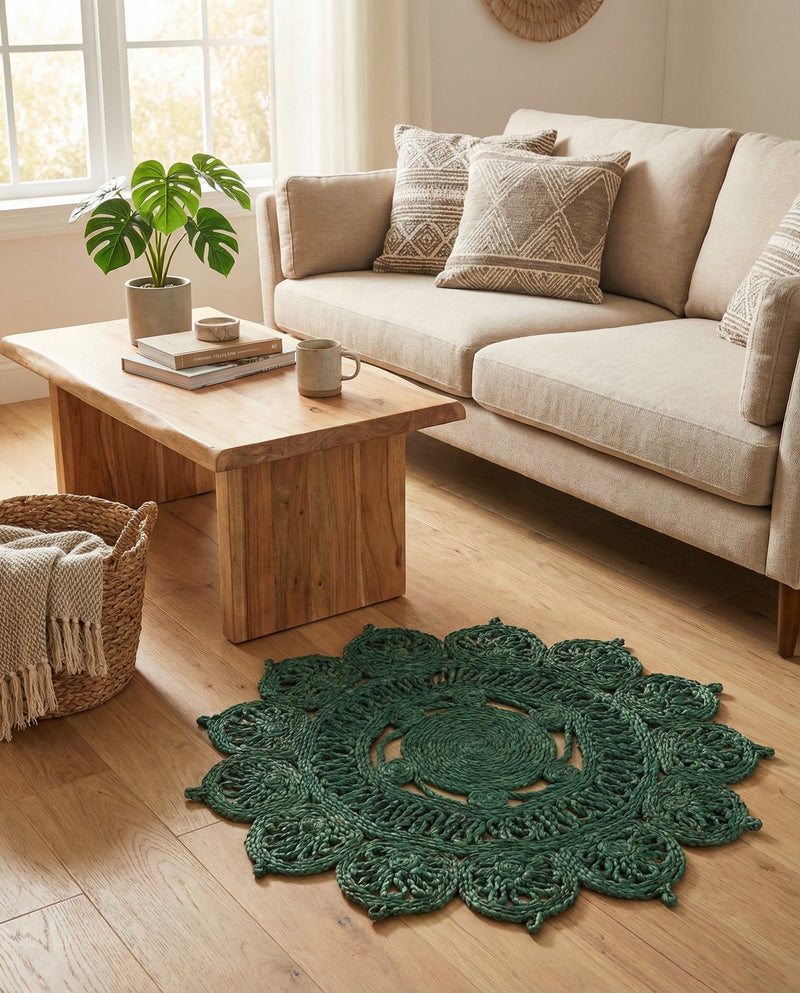 Woven Seaside Jute Collection Area Rug - Coastalhaven (Hunter Green) Round Hunter Green  lifestyle 17
