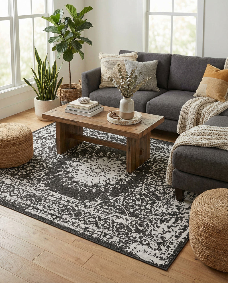 Patio Heritage Collection Area Rug -  Lafayette (Black and White) Rectangle Black and White  lifestyle 9