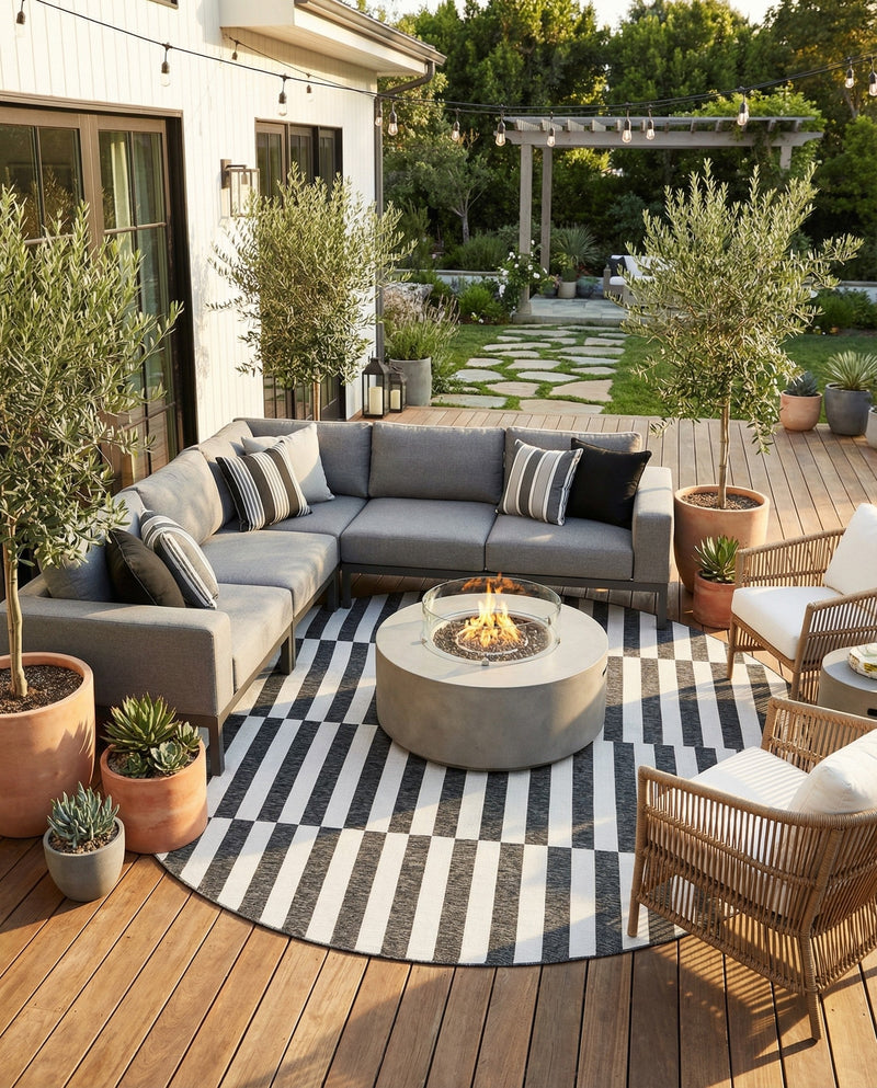 Seaside Stripes Collection Area Rug - Cabana (Charcoal) Round Charcoal  lifestyle 33