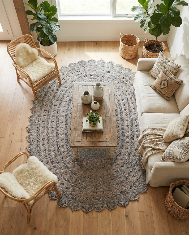 Woven Seaside Jute Collection Area Rug - Coastalhaven (Gray) Oval Gray  lifestyle 15