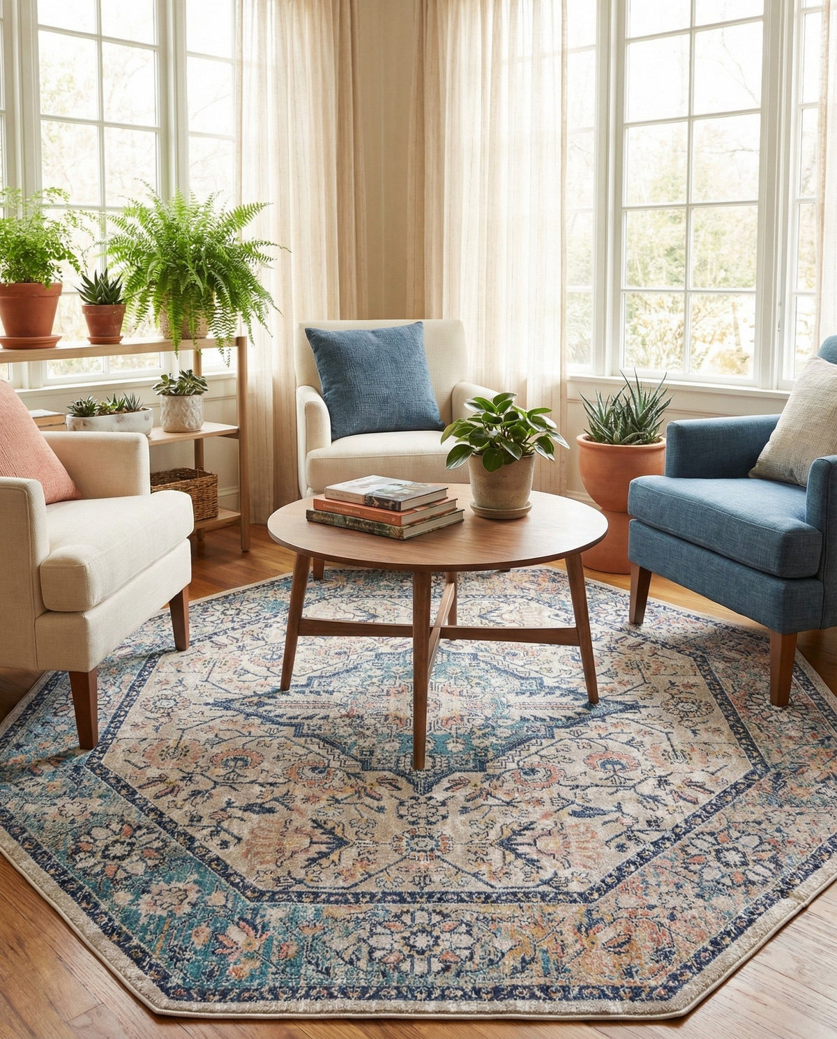 Seville Stripes Collection Area Rug - Cadiz (Blue) Octagon Blue  lifestyle 86