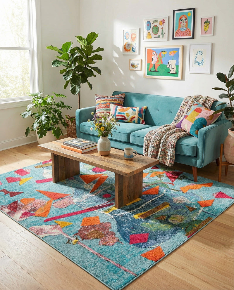 Colorburst Oasis Collection Area Rug -  Fresco Square Aqua  lifestyle 75