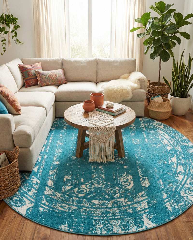 Brighton Stripes Collection Area Rug - Sussex (Turquoise) Round Turquoise  lifestyle 49