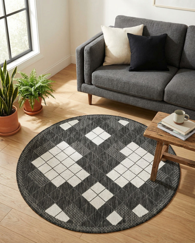 Urban Terrace Collection Area Rug -  Williamsburg Round Black and White  lifestyle 65