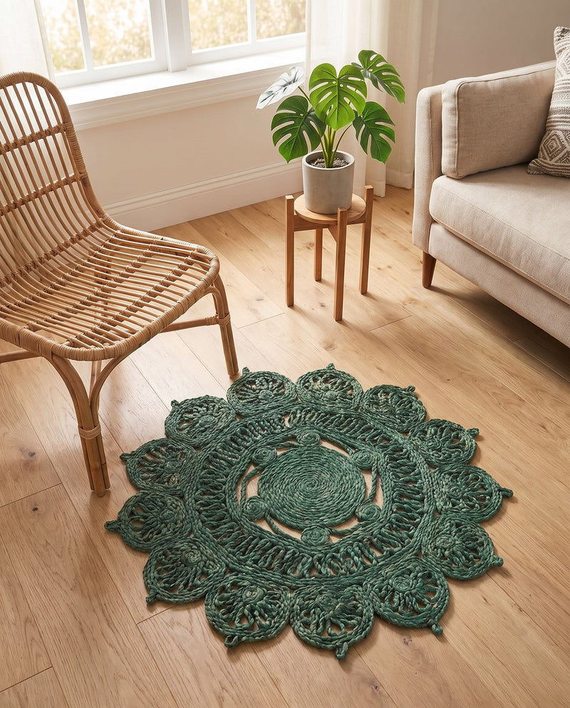 Woven Seaside Jute Collection Area Rug - Coastalhaven (Hunter Green) Round Hunter Green  lifestyle 37