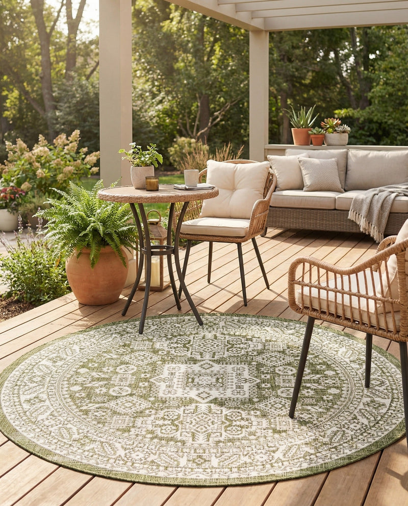 Tribal Terrace Treasures Collection Area Rug -  Incan Isle (Green) Round Green  lifestyle 41