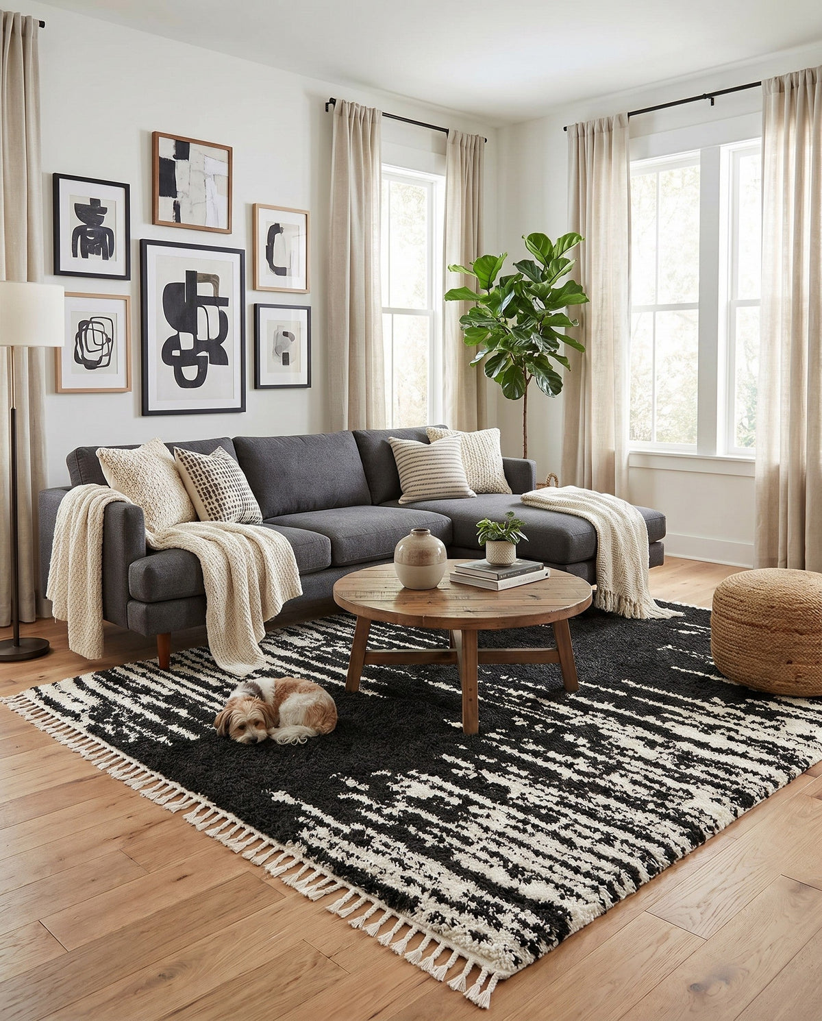 Tranquil Tides Shag Collection Area Rug - Marina Square Black and White  lifestyle 182