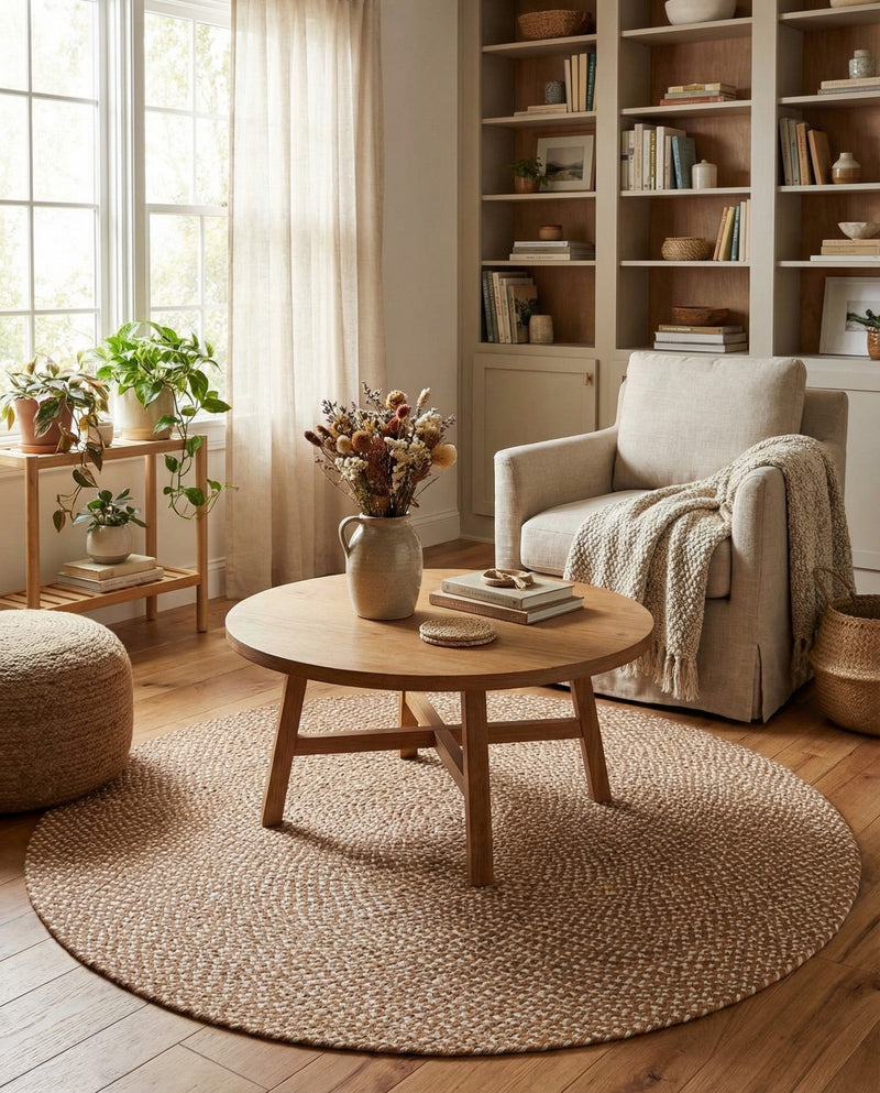 Highland Woven Jute Collection Area Rug - Glenmore (Light Brown) Round Light Brown  lifestyle 40