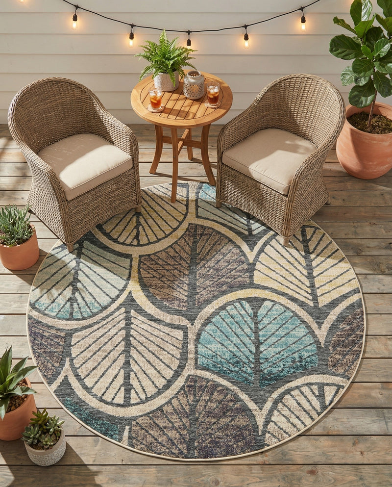 Outdoor Marrakesh Collection Area Rug -  Rabat Round Gray Blue Ivory  lifestyle 75