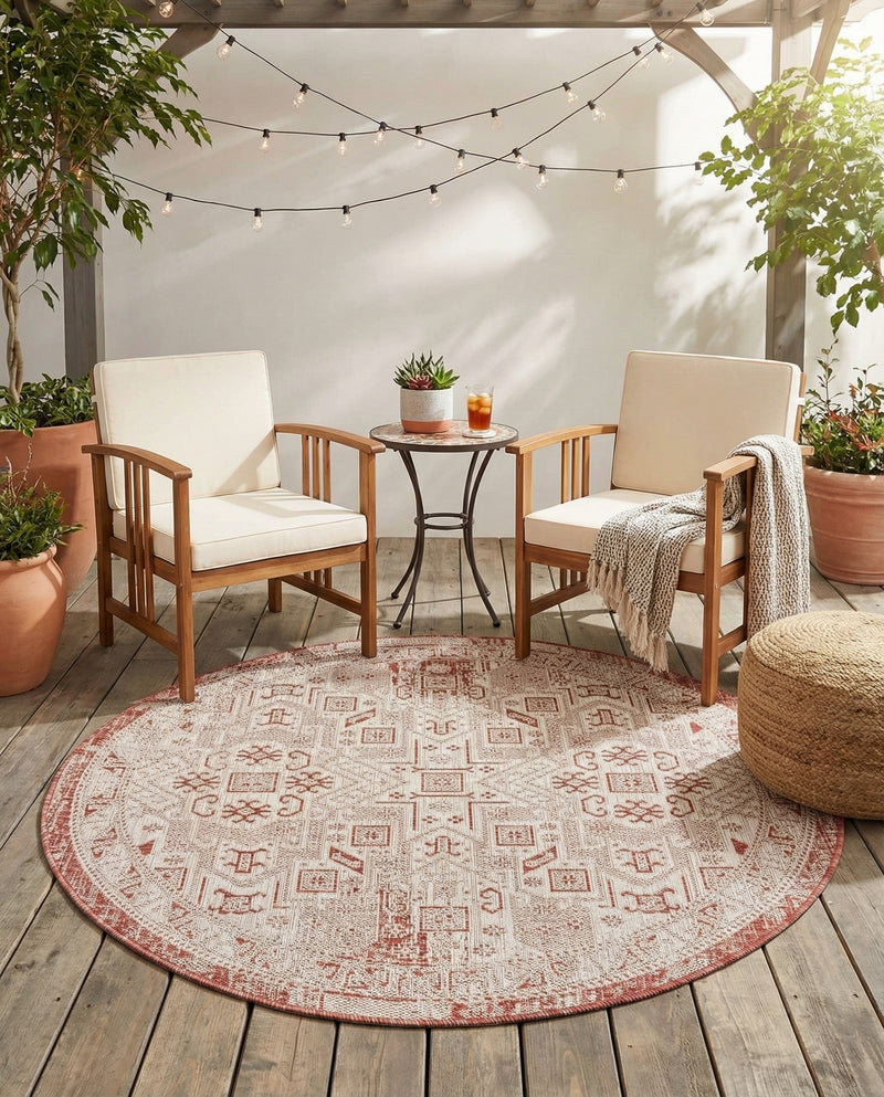 Tribal Terrace Treasures Collection Area Rug - Mayan Marina (Rust Red) Round Rust Red  lifestyle 43