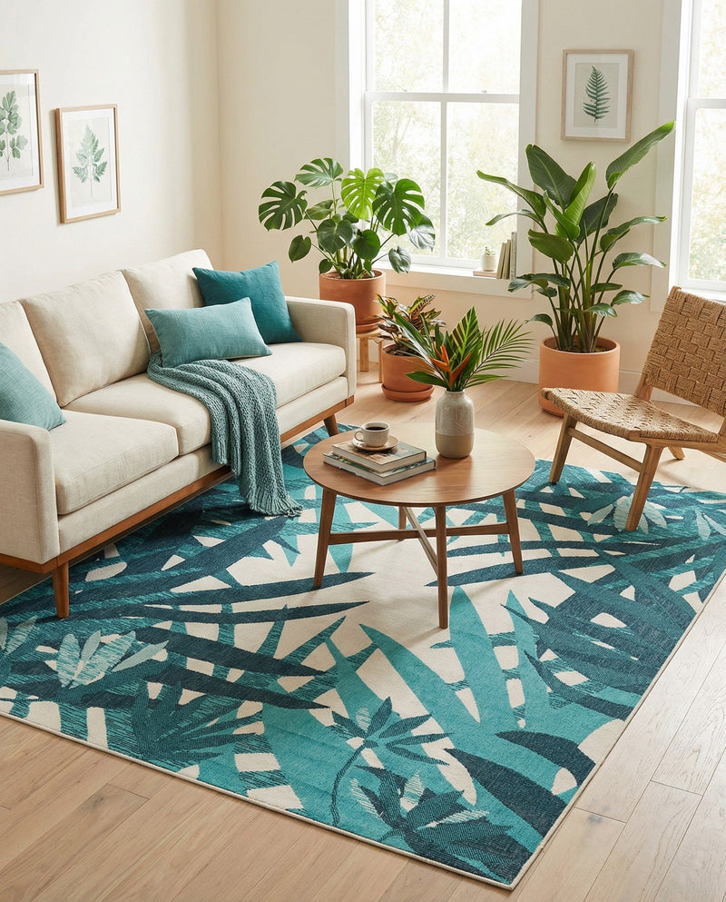 Seaside Blooms Collection Area Rug -  Provence Rectangle Teal blue  lifestyle 14