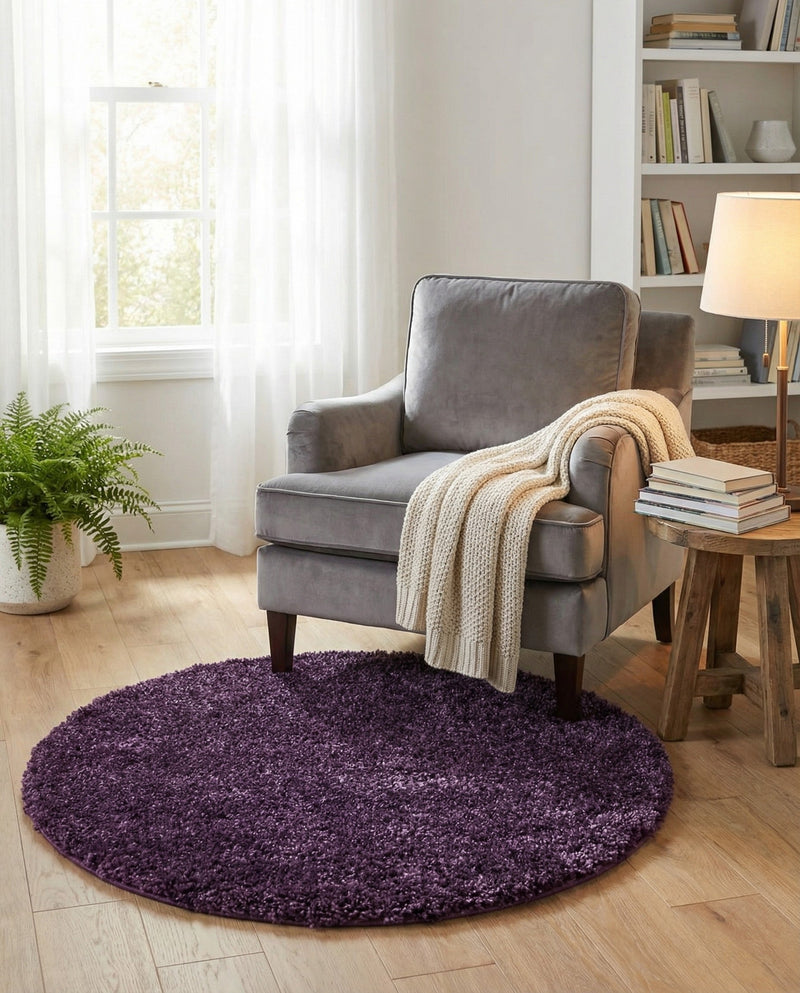 Solid Shag Seaside Collection Area Rug - Azure Cove (Violet) Round Violet  lifestyle 34
